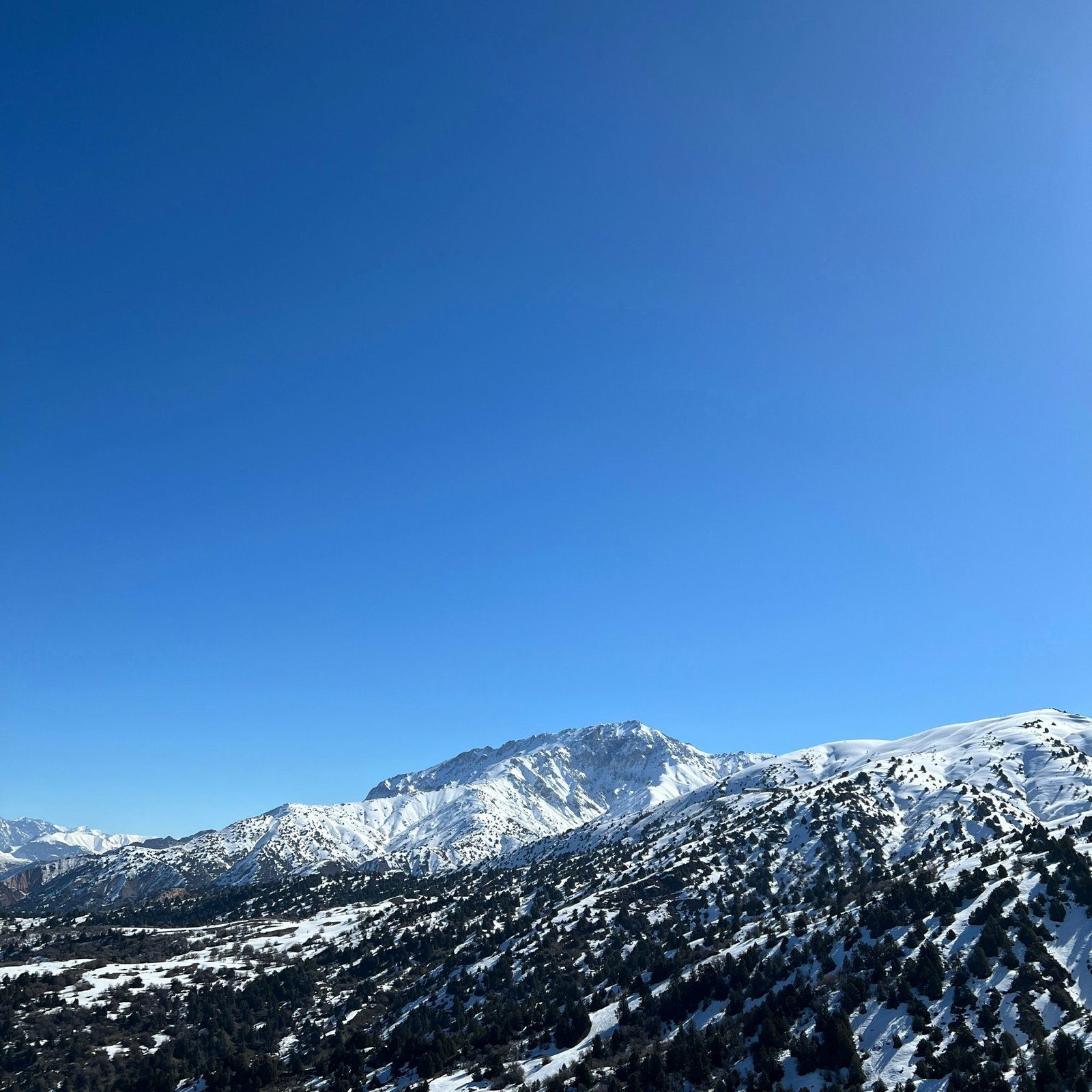 a view of a snowy mountain range from a ski lift