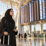 مسافر يحمل جواز سفر وحقيبة أمام لوحة رحلات في المطار