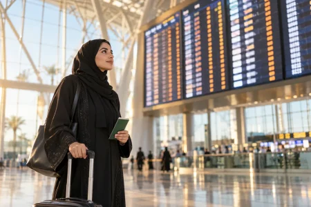 مسافر يحمل جواز سفر وحقيبة أمام لوحة رحلات في المطار