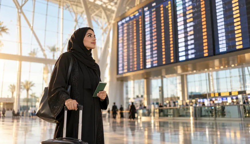 مسافر يحمل جواز سفر وحقيبة أمام لوحة رحلات في المطار