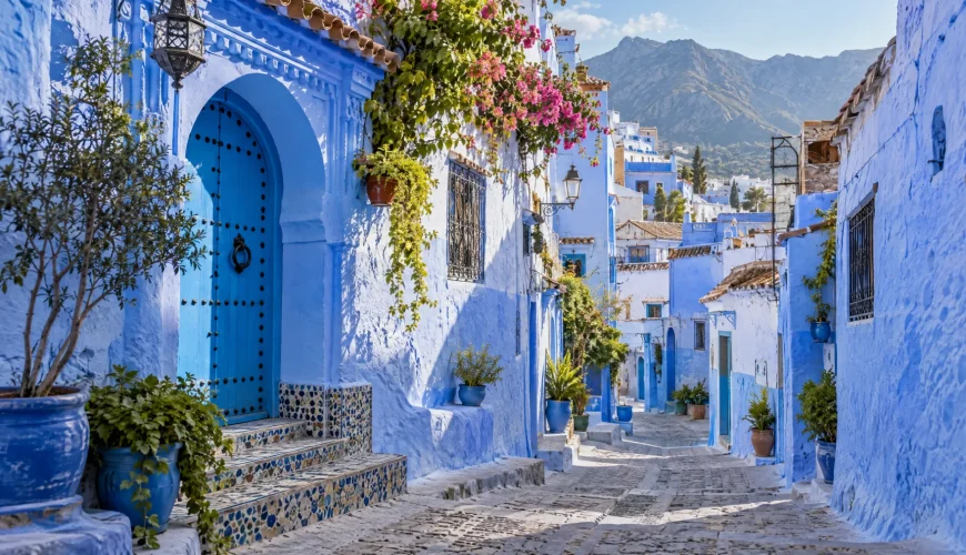 شارع أزرق تقليدي في شفشاون بالمغرب
