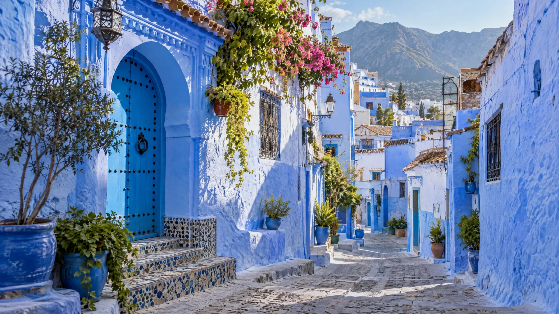 شارع أزرق تقليدي في شفشاون بالمغرب