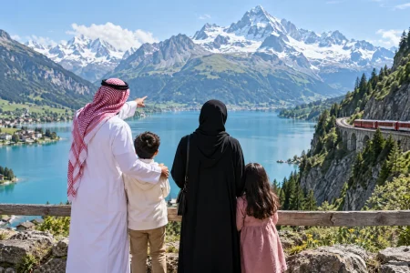 عائلة سعودية أمام بحيرة وجبال الألب السويسرية وقطار سياحي